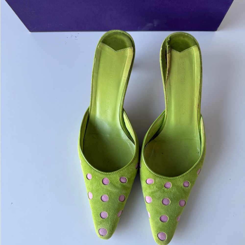 Ralph Lauren Lime Green Mules with Pink Polka Dots size -7 PREOWNED - Picture 5 of 6